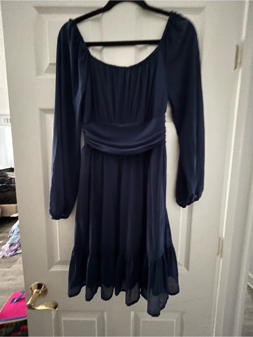 Women's Navy Blue Long-Sleeve Midi Dress